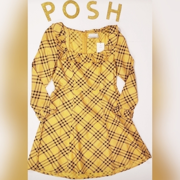Urban Outfitters Gold Plaid Long Sleeve Dress Women's Size Small - Picture 2 of 7